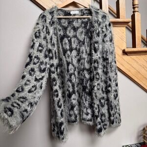 Jaclyn Smith Womens Fuzzy Leopard Cardigan Sweater L Cozy Cabin Funk Artsy Soft